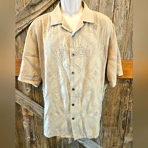 Fuslone Men's XL Silk Cream Brown Embroided Flower Button Down Collar Shirt #